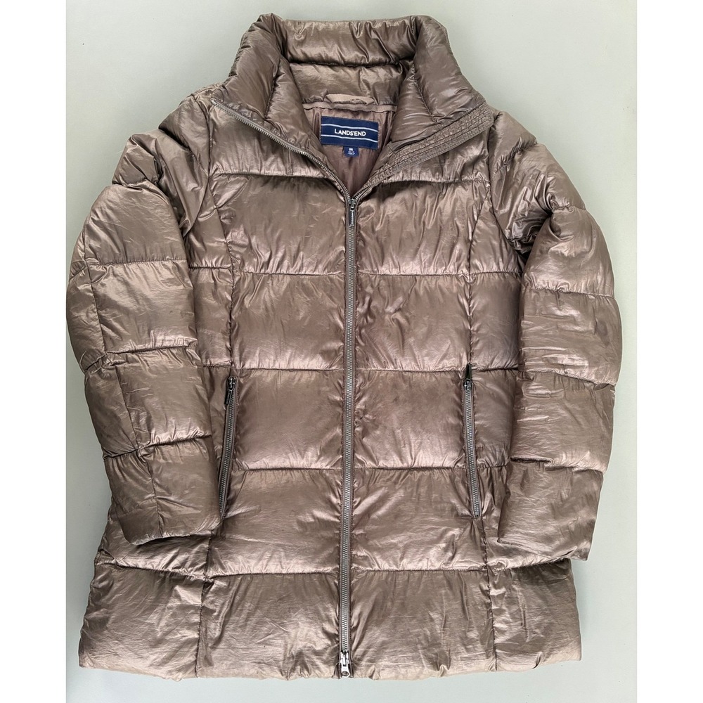 Lands End Womens Metallic Brown Puffer Jacket Down Quilted Coat Size M 10-12
